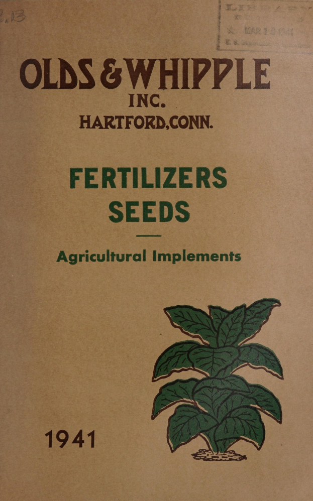 Alter Buchumschlag aus dem Jahr 1941 mit dem Titel "Düngemittel Samen Landwirtschaftliche Geräte" mit einer Illustration einer grünen Pflanze mit Blättern und Stielen.