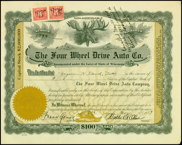 Rahmener Aktienbescheinigung für Four Wheel Drive Auto Co. mit goldenem Siegel, Text, numerischen Werten und mehrfarbigen Stempeln.