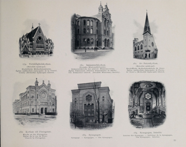 Schwarzes und weißes Foto von sechs verschiedenen Geb├Ąuden mit unterschiedlichen Architekturstilen, begleitet von erklärendem Text.