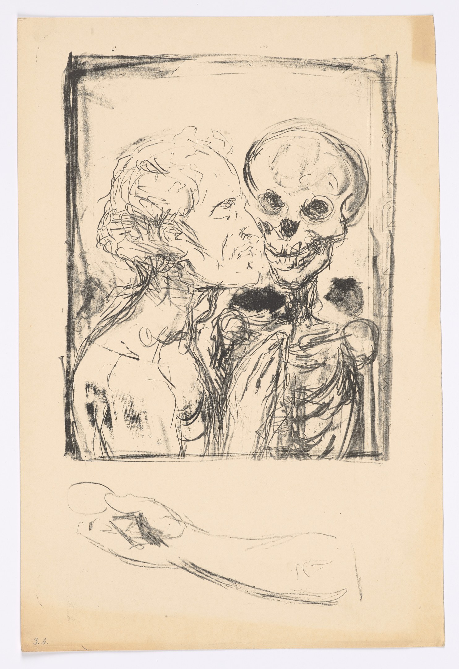 Zwei Menschen umarmen und küssen sich, mit einem Schädel im Hintergrund.