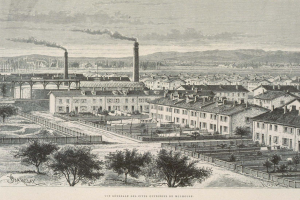 Schwarze und wei├če Illustration einer futuristischen Stadt mit Geb├Ąuden, B├Ąumen, einer Brücke und Rauch aus Schornsteinen, vor Hügeln und einem bew├Âlktem Himmel, mit dem Text "Barclay, die Stadt der Zukunft" unten.