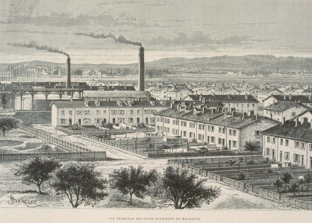 Schwarze und wei├če Illustration einer futuristischen Stadt mit Geb├Ąuden, B├Ąumen, einer Brücke und Rauch aus Schornsteinen, vor Hügeln und einem bew├Âlktem Himmel, mit dem Text "Barclay, die Stadt der Zukunft" unten.