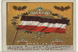 Eine alte Zigarettenkarte mit einer deutschen Flagge mit drei waagerechten Streifen in Rot, Weiß und Blau und einem weißen Kreuz in der Mitte, mit der Aufschrift "Deutsch" in fetter schwarzer Schrift.