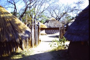 Eine Dorfszene mit Hütten, Bäumen und Grasigem Boden unter einem Himmel.