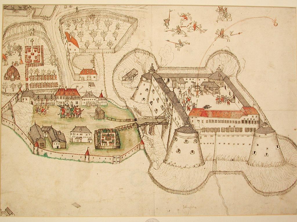 Eine stilisierte Karte von Auschwitz-Birkenau, Polen, mit einem zentralen Schloss, umgeben von Gebäuden, Bäumen und Menschen, die es betrachten, und dem Text "Auschwitz-Birkenau, Polen" unten.