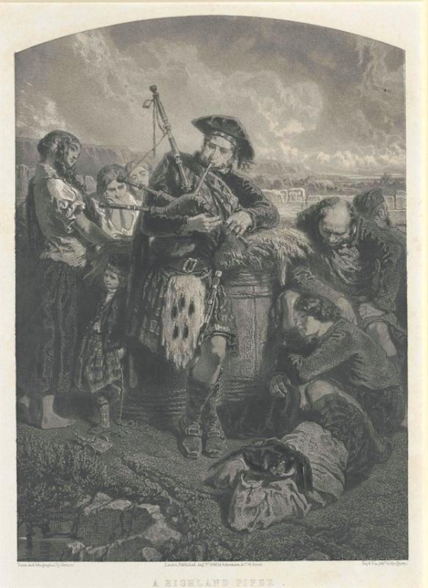 Schwarz-weißes Gravur von einem Mann, der eine Dudelsack vor einer Gruppe von Menschen unter einem bewölkten Himmel spielt, mit dem Text "Ein Highland Pipe" unten.