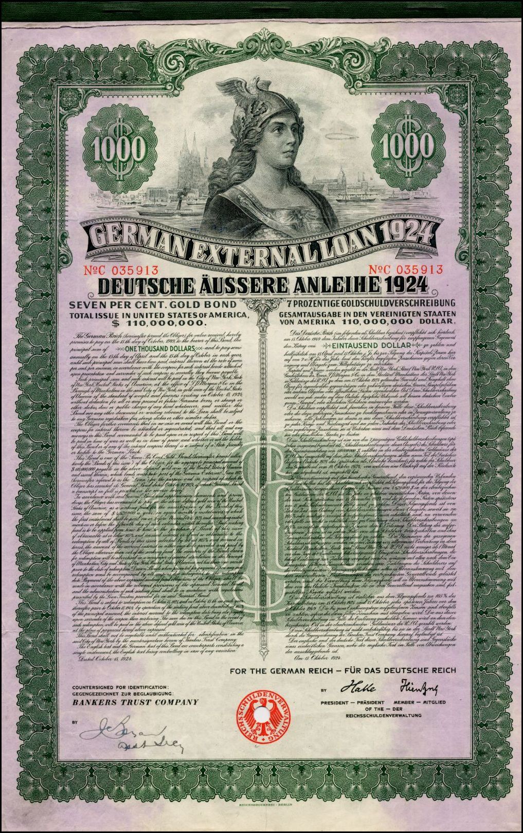 Deutsches Auslandsschuldschein-Zertifikat aus dem Jahr 1924 mit einem Porträt einer Frau, bedrucktem Text und numerischer Bezeichnung.