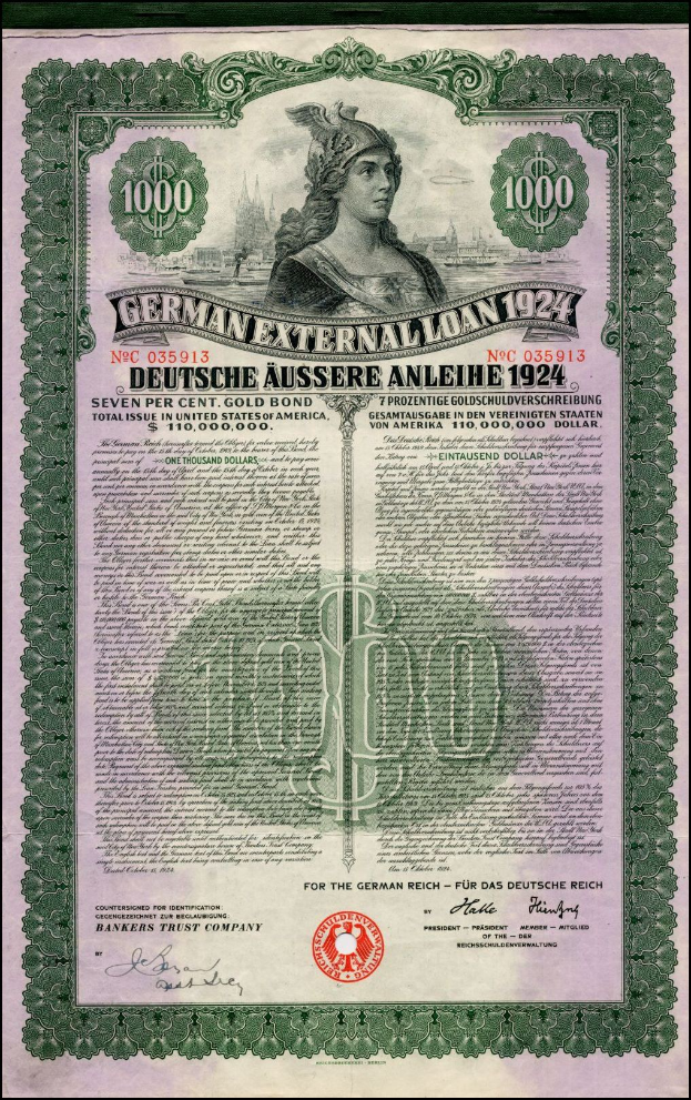Deutsches Auslandsschuldschein-Zertifikat aus dem Jahr 1924 mit einem Porträt einer Frau, bedrucktem Text und numerischer Bezeichnung.