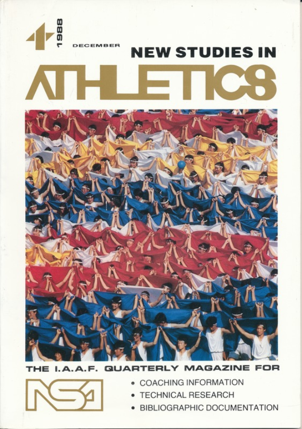 Ein Buchumschlag mit der Aufschrift "Neue Studien im Leichtathletik 1988", der eine Gruppe von Menschen in Sportkleidung zeigt, die gegen einen hellblauen Himmel mit weißen Wolken und fernen Bäumen trainieren.