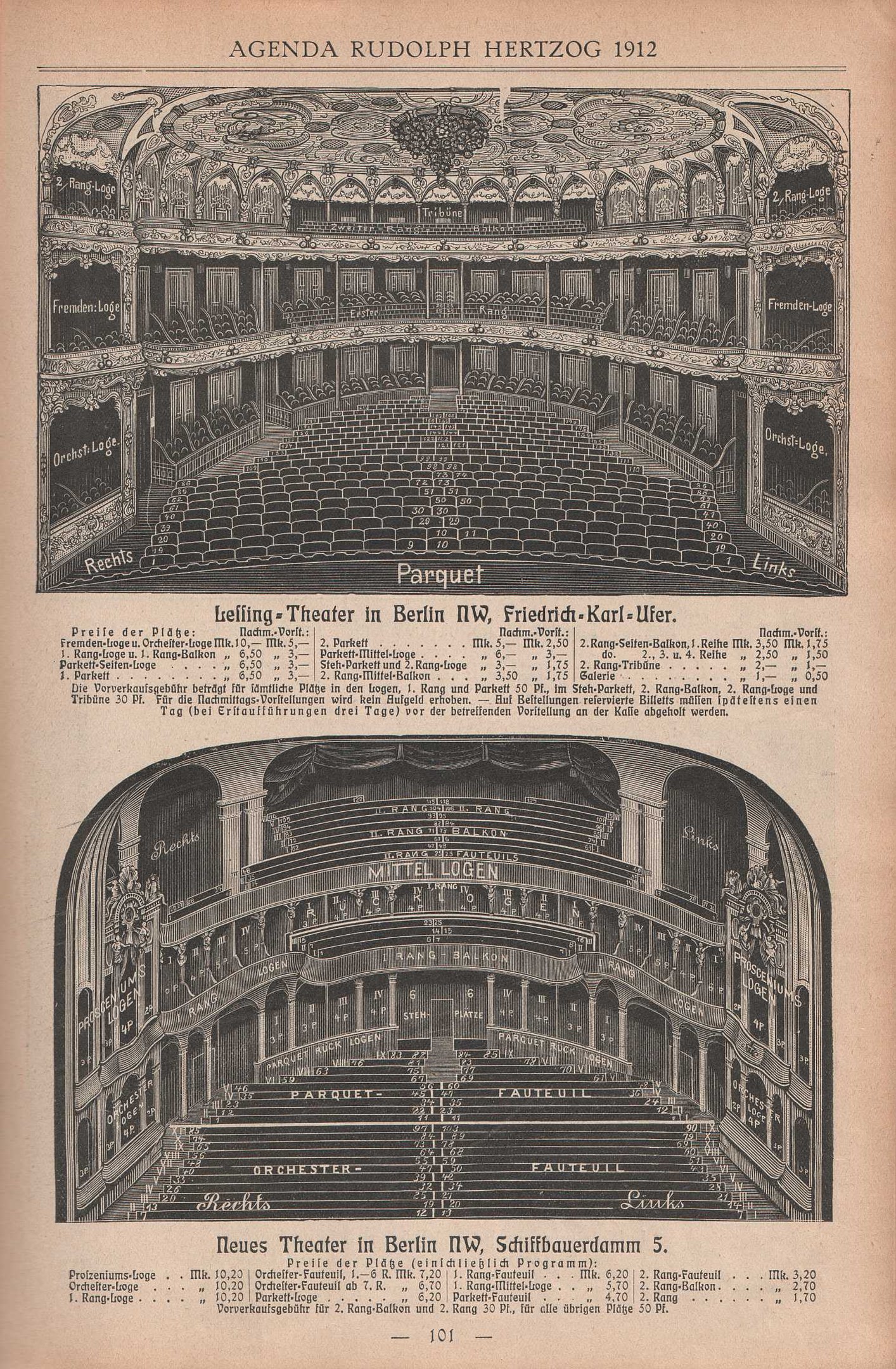 Schwarz-weiß-Illustration einer alten Buchseite mit einer großen Auditoriumsabbildung in Berlin, Deutschland, aus dem Jahr 1912, mit begleitendem Text, der das Theaterlayout beschreibt.