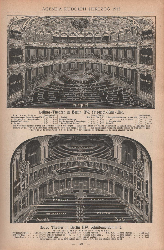 Schwarz-weiß-Illustration einer alten Buchseite mit einer großen Auditoriumsabbildung in Berlin, Deutschland, aus dem Jahr 1912, mit begleitendem Text, der das Theaterlayout beschreibt.
