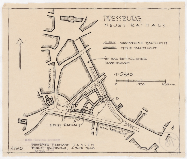 Detailierter Plan einer historischen Karte von Pressburg, Deutschland, mit Straßen, Gebäuden und Sehenswürdigkeiten mit begleitendem Text.