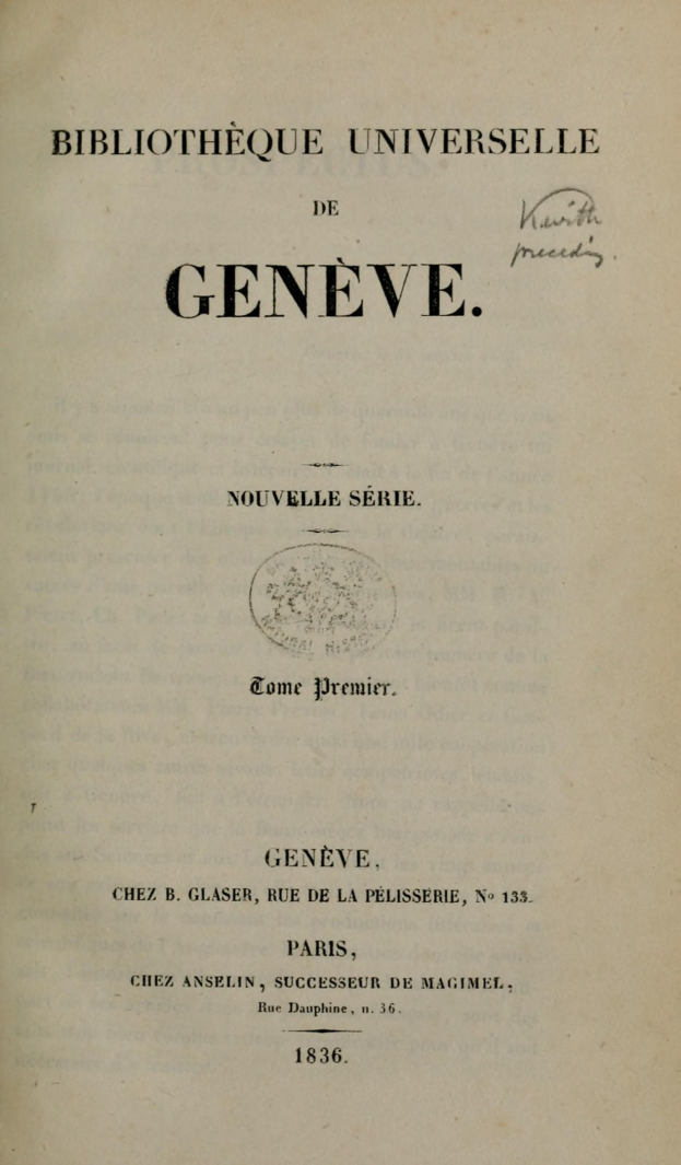 Altes Buch mit dem Titel "Bibliothèque Universelle de Genève" geöffnet und zeigt Text im Inneren.