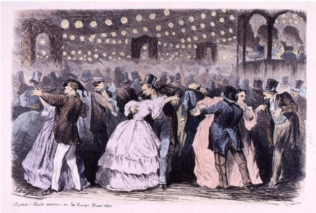 Eine Gruppe von Menschen, die in einem Ballsaal tanzen, mit dem Text "Madame Baille Nacional en la Campagne Bleuet, 1860" unten.