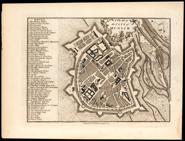 Ein detaillierter alter Stadtplan von München, Deutschland, auf schwarzem Hintergrund, der Straßen, Gebäude und Sehenswürdigkeiten zeigt, mit Text, der zusätzliche Informationen bietet.