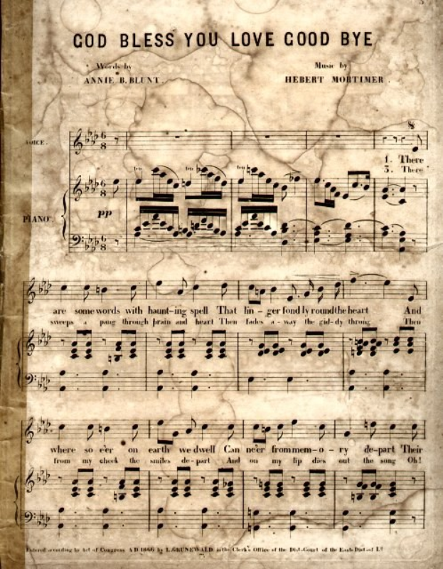 Notenblatt mit der Aufschrift "God Bless You Love Good Bye" und musikalischen Noten und Symbolen.