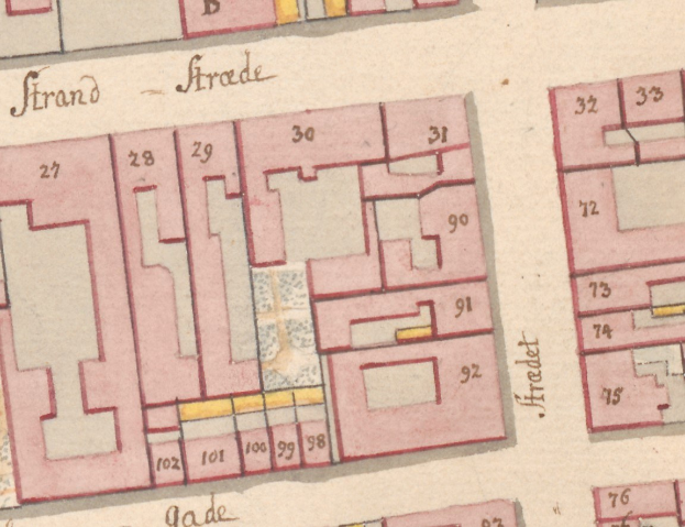 Ein detaillierter alter Stadtplan von Strand, Deutschland, der Straßen, Gebäude und andere Merkmale zeigt.