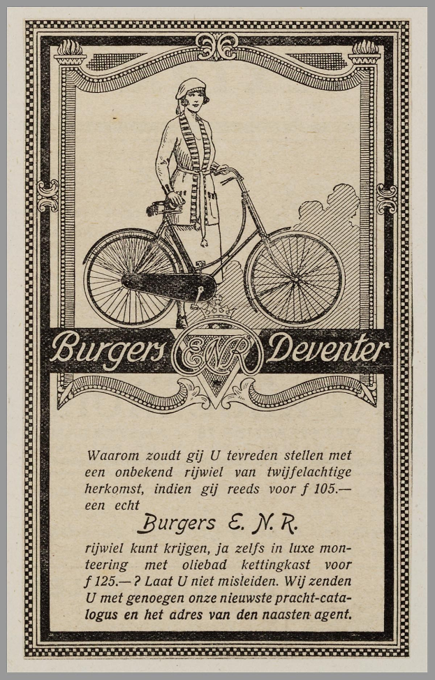 Frau auf Fahrrad in alter Werbung für Burgers Deventer, mit Text über die Fahrrad-Features.