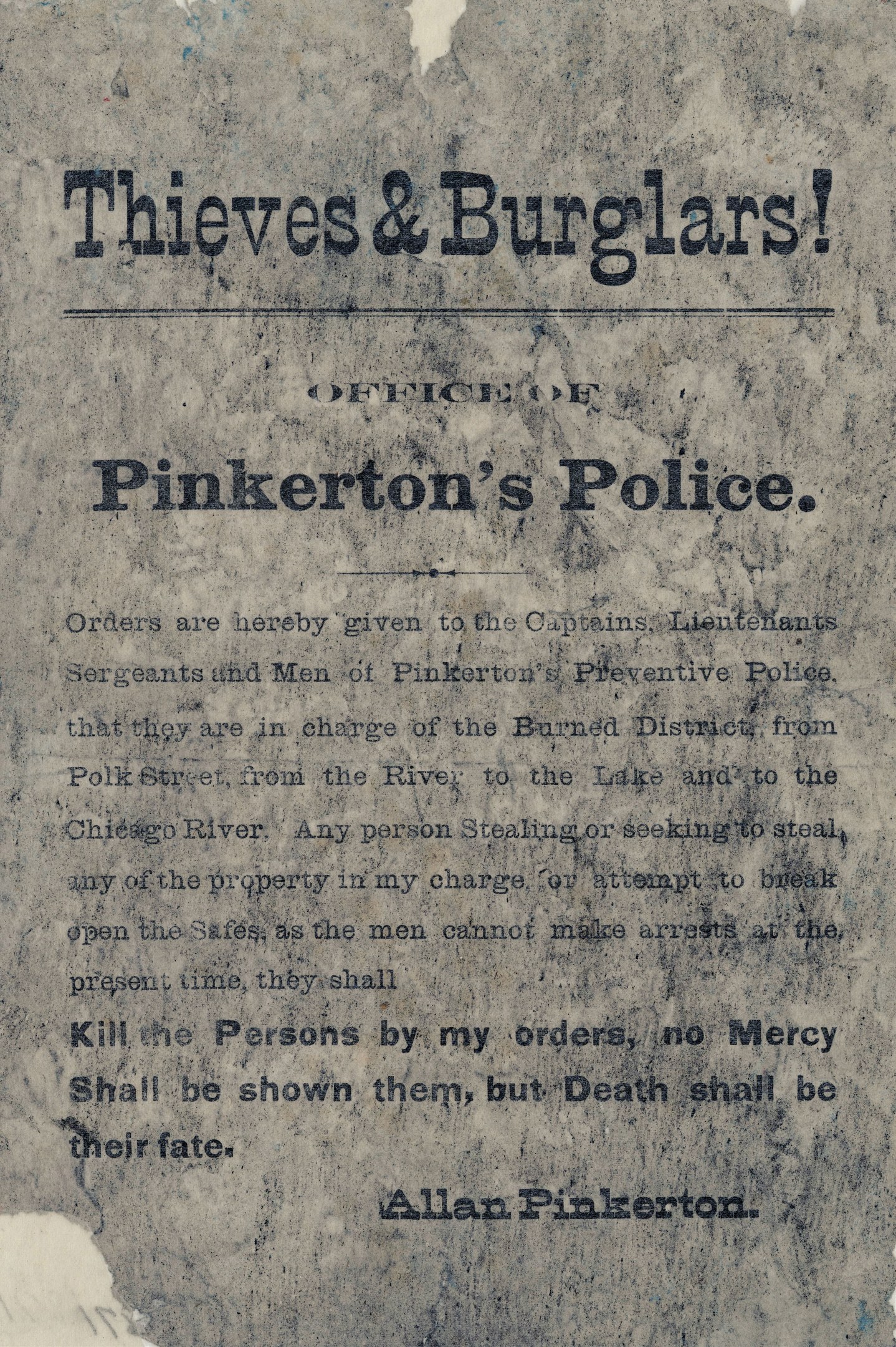 Plakat mit fettem schwarzem Text "Diebe & Einbrecher Pinkerton's Police" auf einem weißen Hintergrund, eingerahmt von einem schmalen schwarzen Rand.