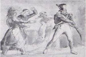 Eine Zeichnung eines Mannes in einem Zylinder und einer Frau in einem Kleid, die in eine körperliche Auseinandersetzung verwickelt zu sein scheinen, beide mit entschlossener Miene.