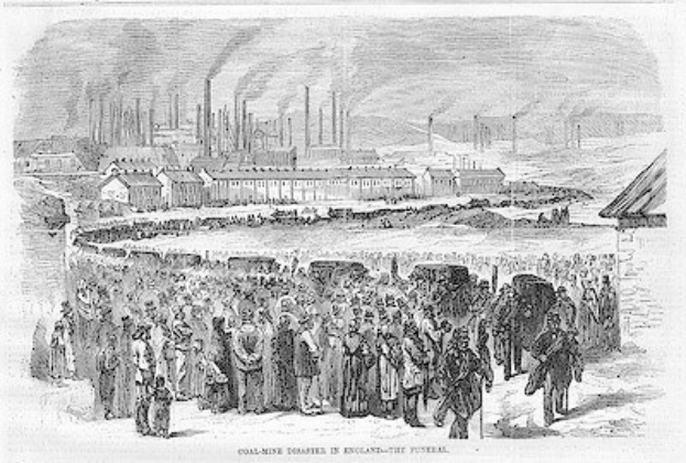 Schwarze und weiße Zeichnung von Menschen vor einer Fabrik mit Häusern und Rauch aus Schornsteinen, unten mit 'Kohlebergbau-Katastrophe in England das Ende' beschriftet.