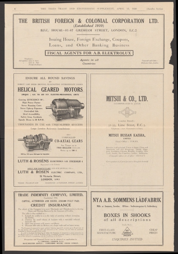 Eine alte Werbung für die British Foreign and Colonial Corporation Ltd. mit Text und Bildern verschiedener Maschinen.