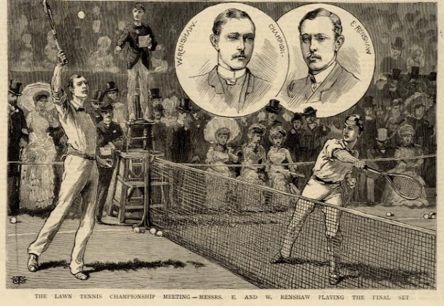 Schwarz-weiß-Zeichnung von zwei Männern, die Tennis im Finale eines Meisterschaftstreffens spielen, mit Zuschauern im Hintergrund und Text unten, der lautet: "The Lawn Tennis Championship Meeting - Messers, E und W Renshaw spielen das Finale."