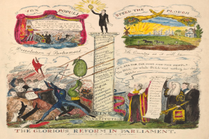 Ein buntes Papier mit fettem Text und Bildern von verschiedenen, strahlenden Menschen, das eine Parlamentsreform mit Hoffnung und Optimismus darstellt.