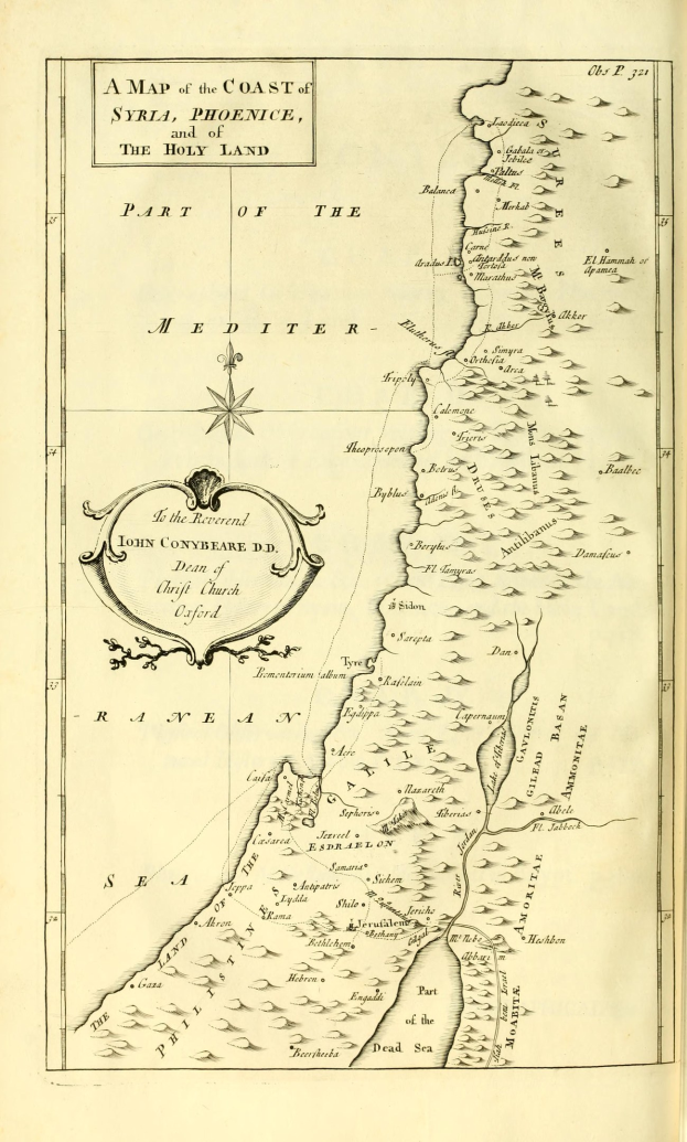 Altes Buch offen mit einer detaillierten Karte der syrischen Küste, des Heiligen Landes und des Mittelmeerraums, mit Text, der geografische und Ortsnamenangaben liefert.