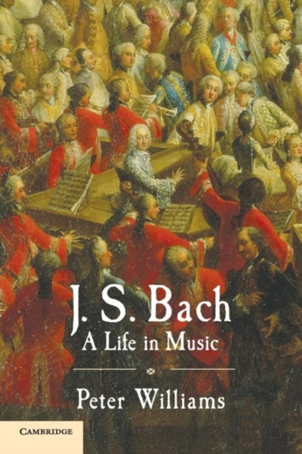 Plakat für "Ein Leben in Musik" von J.S. Bach mit einer Gruppe von Musikern, die Instrumente spielen und der Titel oben.