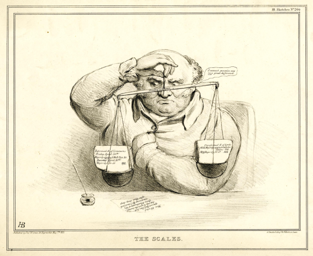 Ein Anwalt im Anzug sitzt an einem Tisch mit einer Waage davor und durchsucht Dokumente mit Text und Zahlen.