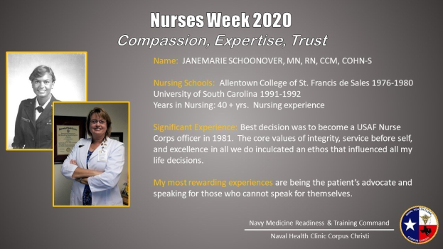 Plakat zur Nurses Week 2020 mit zwei Fotos von Krankenschwestern links und dem Text "Mitgefühl, Expertise, Vertrauen" rechts, mit einem Logo unten rechts.