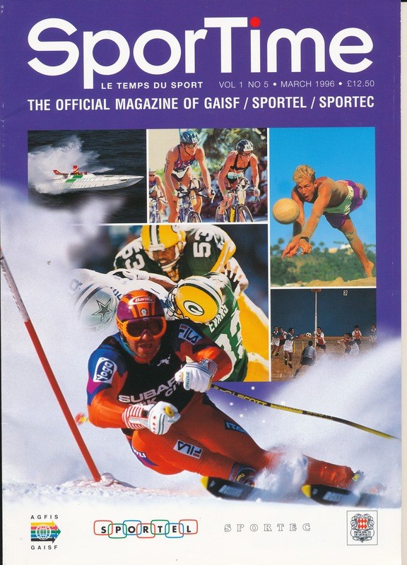Titelbild von *Sporttime Magazine* März 1996, zeigt Ski- und Snowboard-Aufnahmen mit Text und Logos auf dem Cover.