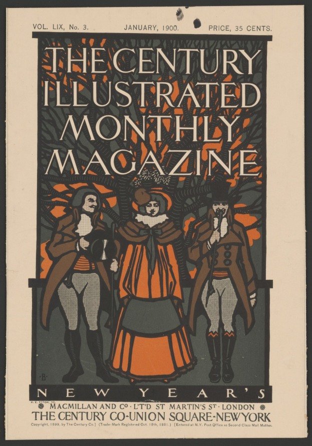 Schwarzer Plakat für 'The Century Illustrated Monthly Magazine, Januar 1900' mit Personen in historischer Kleidung und dekorativem Rahmen.