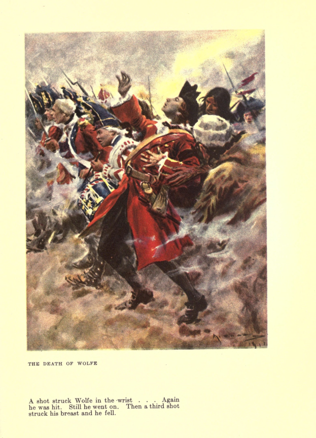 Ein Plakat mit der Aufschrift 'Der Tod des Wolfe', das eine Gruppe betroffener Menschen in gedämpften Farben zeigt, einige schauen erschrocken nach oben, andere traurig nach unten.