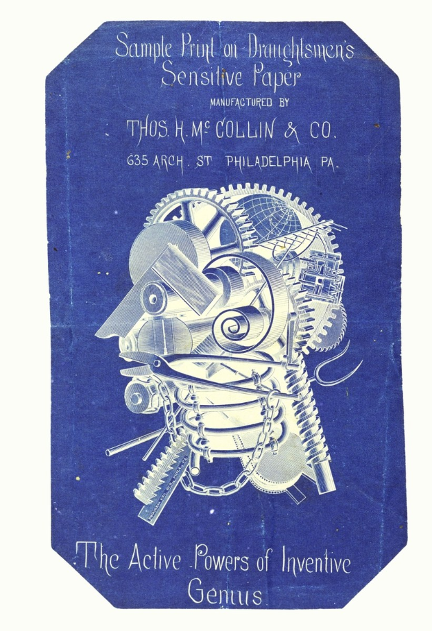 Ein blaues Buch mit dem Titel "Die aktiven Kräfte des erfinderischen Genies" und einem weißen Umschlag mit dem Bild eines Mannes