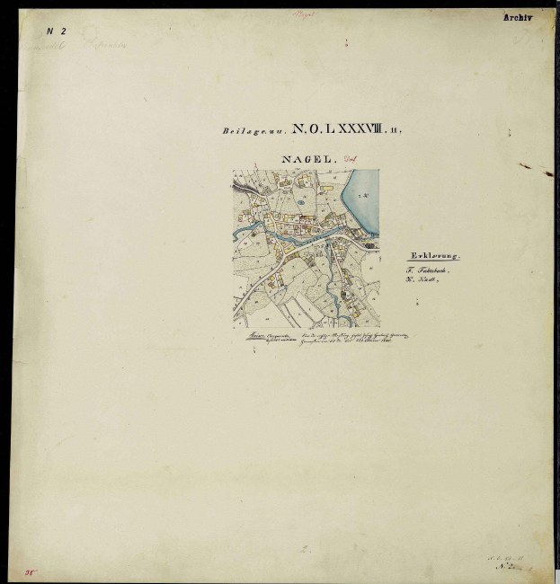 Ausführliche alte Karte von Nagel, Deutschland, die Straßen, Gebäude und Sehenswürdigkeiten zeigt, mit zusätzlichem Text über die Bevölkerung und Merkmale der Stadt.