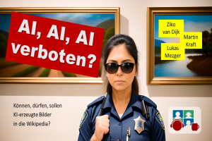 Eine Frau in Polizeiuniform und Sonnenbrille steht vor einer Wand mit zwei Fotorahmen, während bearbeiteter Text links erscheint.