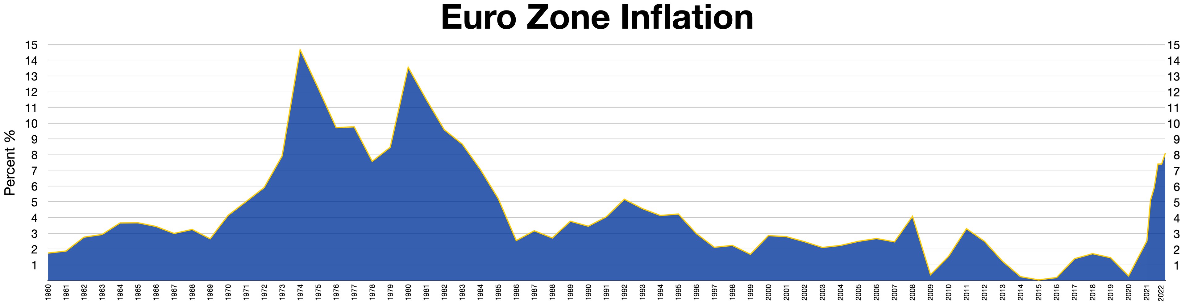 Eine blaue Liniengrafik, die die Euro-Zonen-Inflation in den USA zeigt, mit erklärendem Text oben.