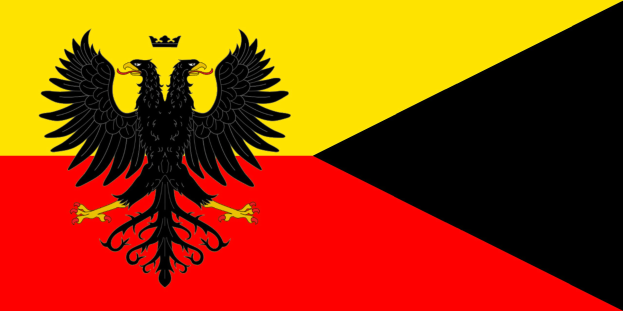 Deutsche Flagge mit drei horizontalen Streifen in Schwarz, Rot und Gold, die einen schwarzen Doppeladler mit gespreizten Flügeln und erhobenem Haupt zeigt.