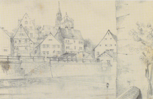 Ein Bleistift-Zeichnung mit dem Titel "Nürnberg, Deutschland" von Joseph Mallord William Turner, das eine Stadtlandschaft mit einem Fluss, Gebäuden, Bäumen und einer Brücke zeigt.