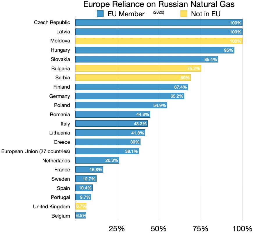 Ein Balkendiagramm, das Europas Abhängigkeit von russischem Erdgas zeigt, mit Prozentangaben und Texten, die das Investitionsniveau angeben.