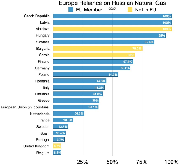 Ein Balkendiagramm, das Europas Abhängigkeit von russischem Erdgas zeigt, mit Prozentangaben und Texten, die das Investitionsniveau angeben.