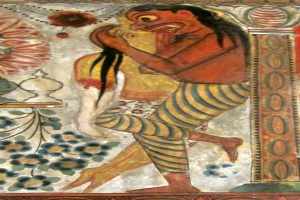 Eine Gruppe von Menschen und verschiedene abstrakte Designs.