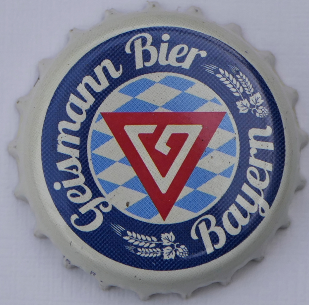 Eine Flaschenkappe mit einem blau-weißen Karomuster und der Aufschrift "Deutsches Bier".