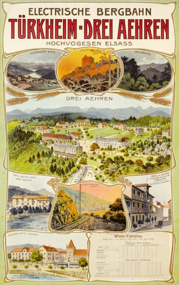 Plakat, das Bergbahn, Deutschland als elektrisch Stadt bewirbt, mit Bildern von Gebäuden, Bäumen, Hügeln und beschreibendem Text.
