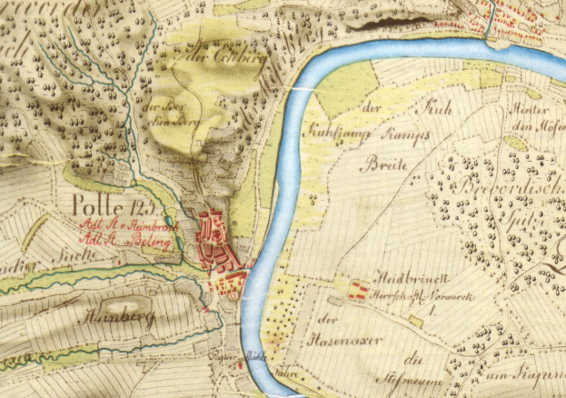 Ausführliches altes Stadtplan von Polle, Deutschland, mit einem Fluss, Straße, Gebäude und andere Merkmale gekennzeichnet.