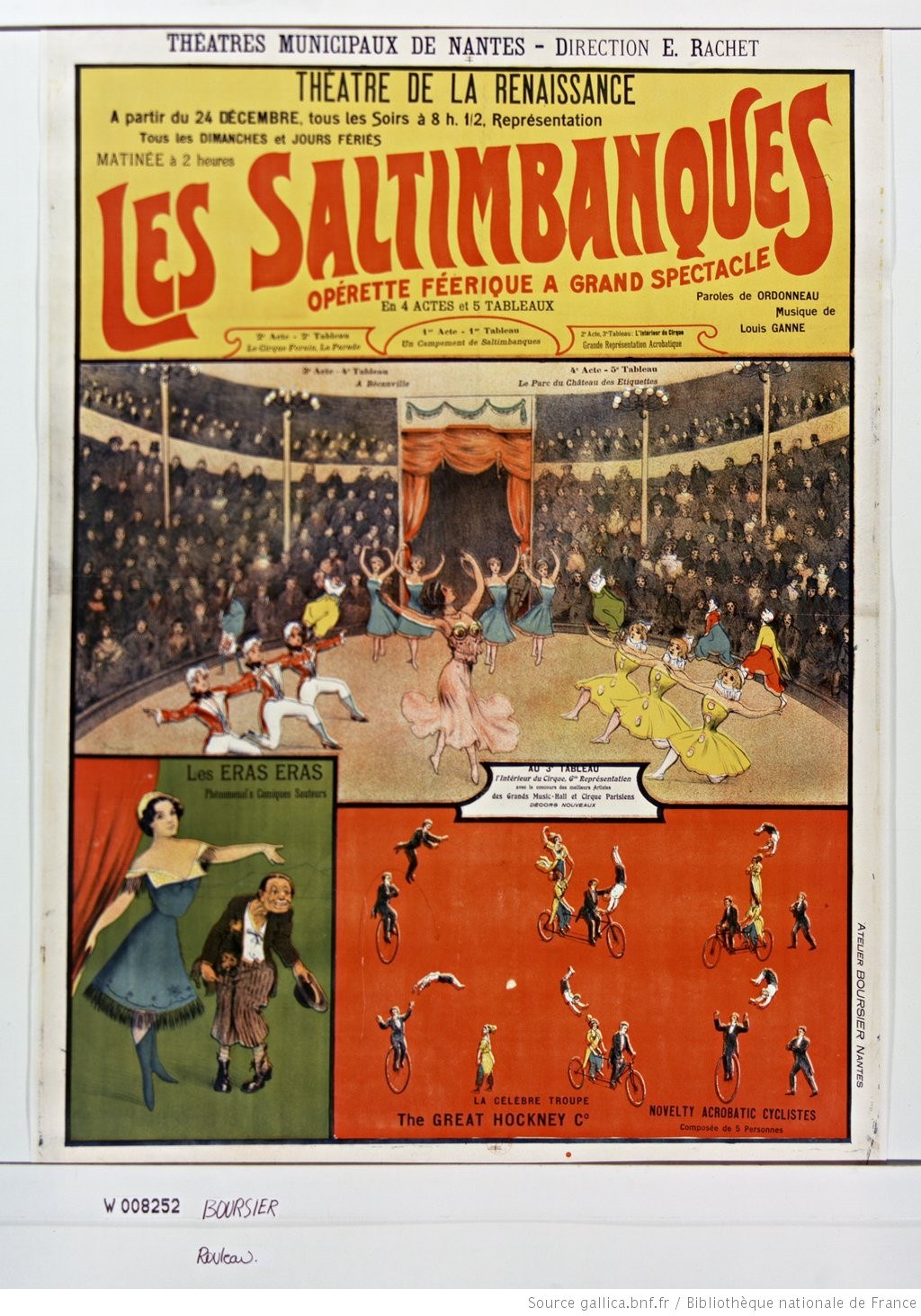 Buntes Plakat für das Musical 'Les Saltimbanques' im Theatre de la Renaissance, mit einer Zirkusszene-Illustration und einer Besetzungsliste.