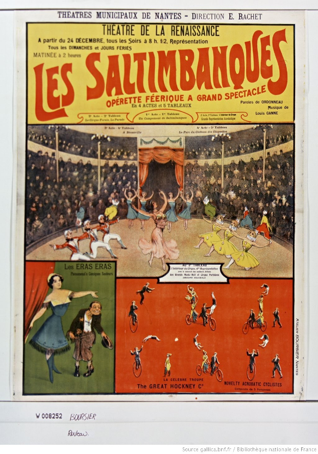 Buntes Plakat für das Musical 'Les Saltimbanques' im Theatre de la Renaissance, mit einer Zirkusszene-Illustration und einer Besetzungsliste.