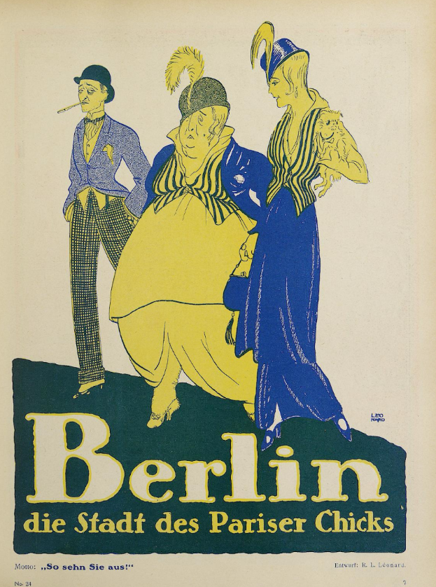 Ein Plakat, das ein Konzert in Berlin, Deutschland, ankündigt, mit einer Gruppe farbenfroher Menschen vor einem Gebäude mit der Aufschrift 'Berlin - Die Stadt des Pariser Chicks' oben.